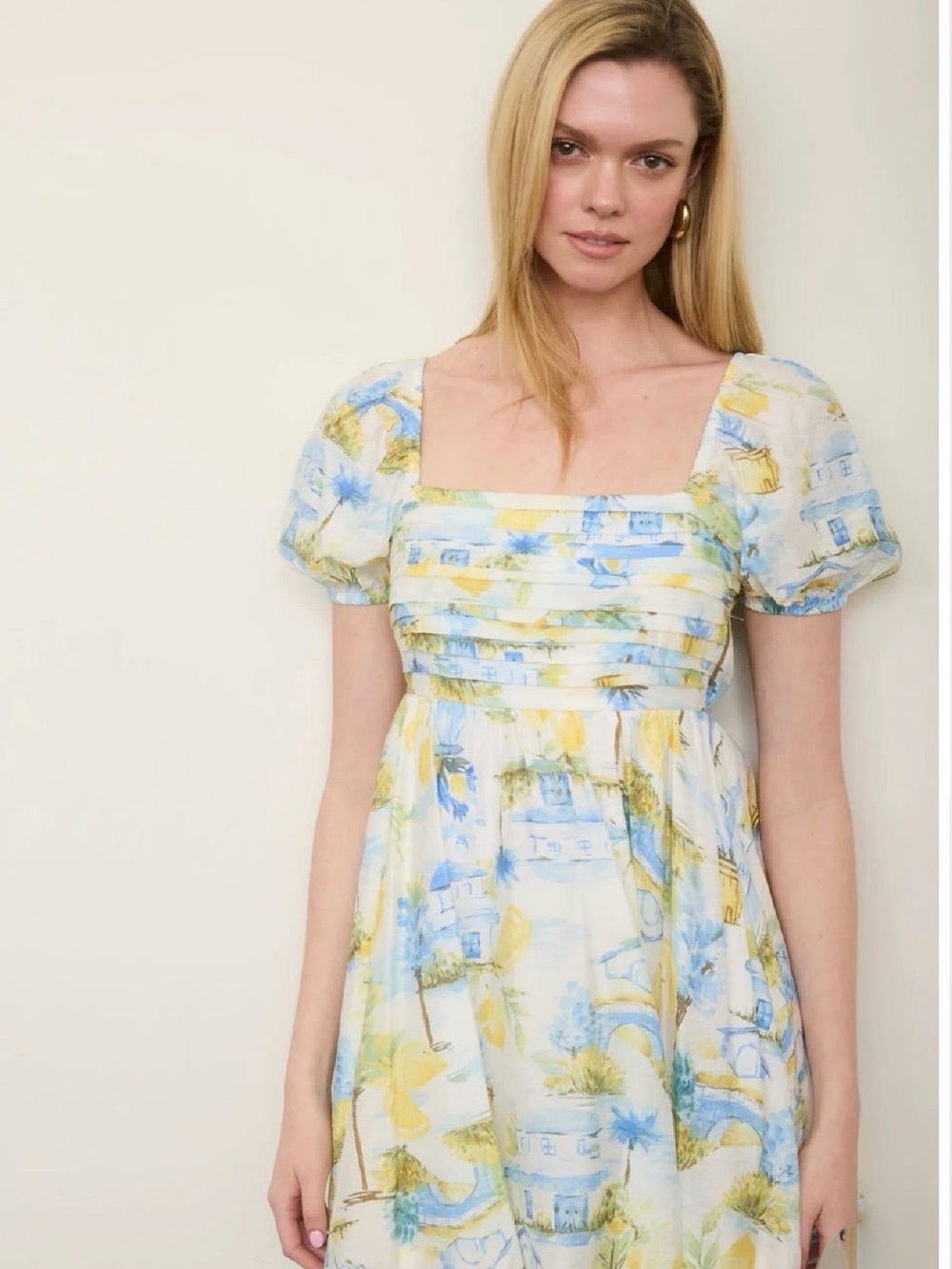 CR2916A Lemon Print Pleated Short Puff Sleeve Mini Dress - Picture 3 of 8